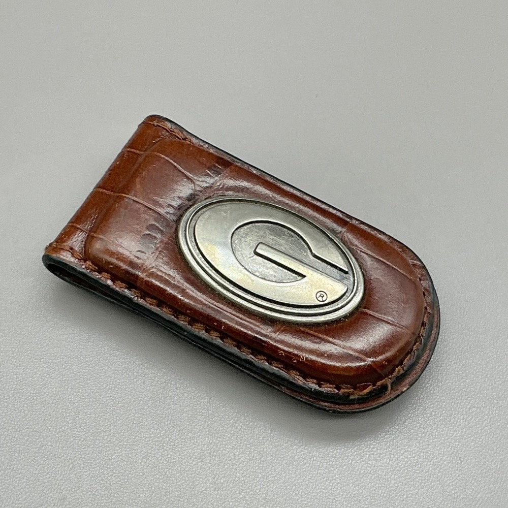 Guess Genuine Leather Money Clip Brown Croc Embossed Silver Tone Logo Wallet